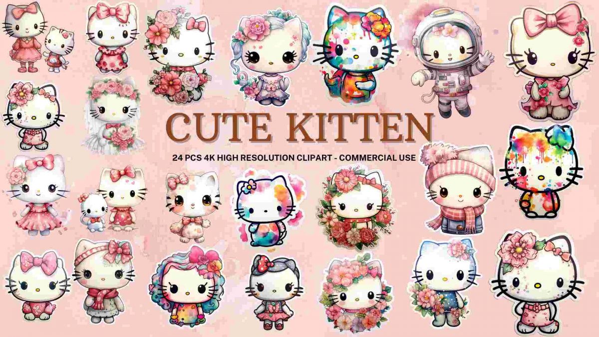 Adorable Kitty SVG Set Cute Watercolor Kitty Clipart Hello Kittys