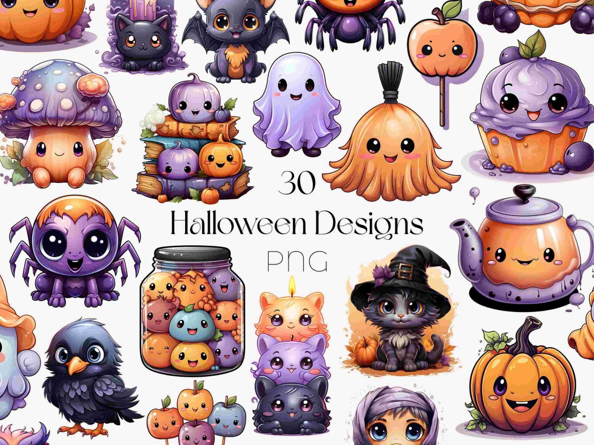 Adorable Pastel Halloween Clipart Bundle Watercolor PNG Kawaii