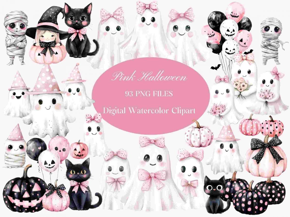 Adorable Pink Halloween Watercolor Clipart Bundle 93 PNG Images