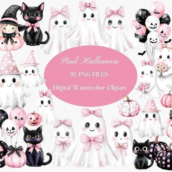 Adorable Pink Halloween Watercolor Clipart Bundle 93 PNG Images