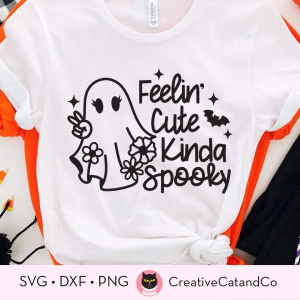 Adorable Spooky Svg Funny Halloween Girl with Cute Ghost Peace Hand