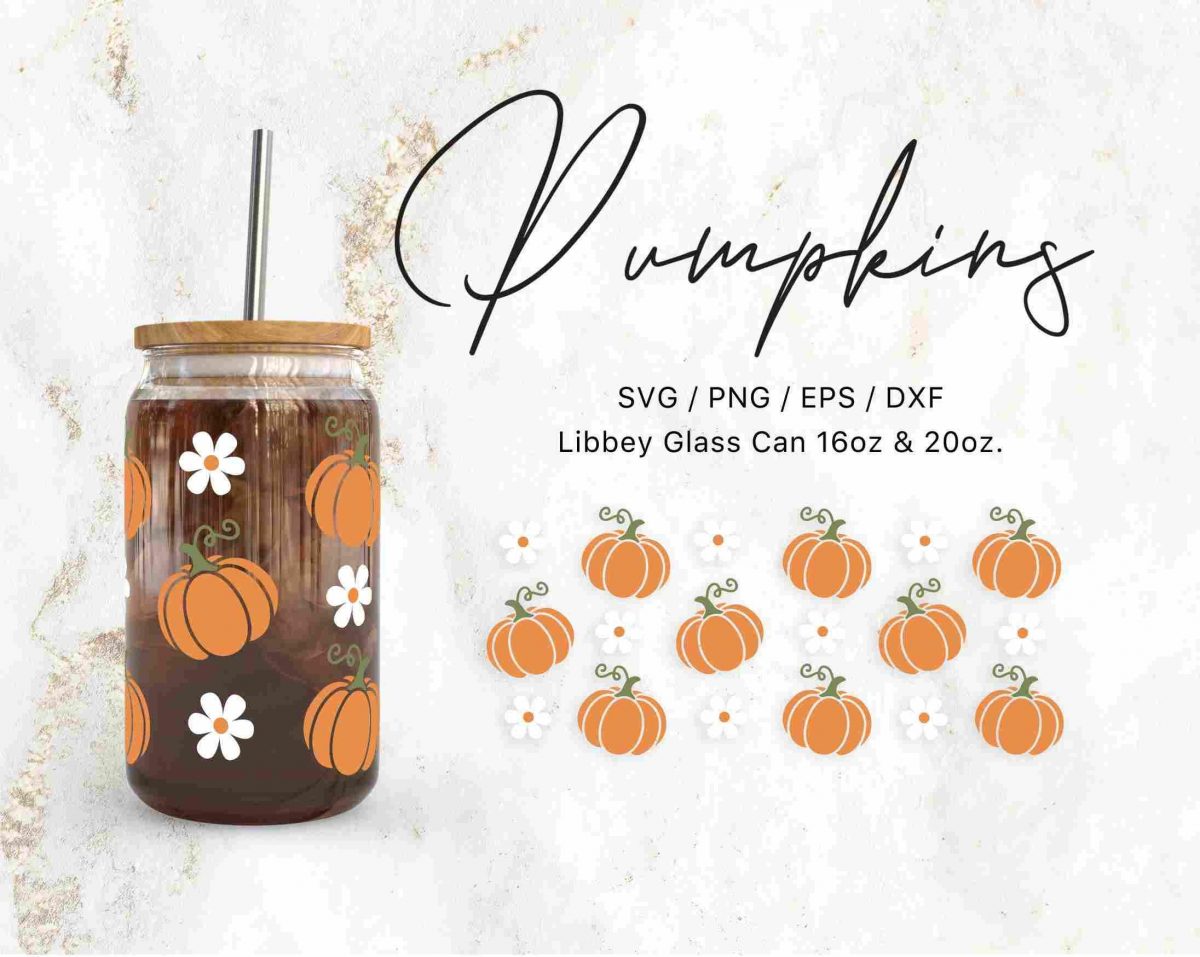 Autumn Pumpkin Daisy Print Libbey Glass Can 16oz 20oz Svg Files for