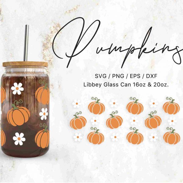 Autumn Pumpkin Daisy Print Libbey Glass Can 16oz 20oz Svg Files for