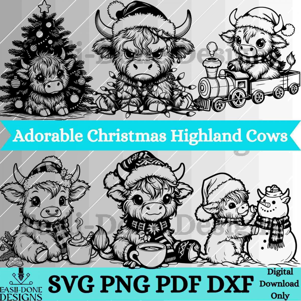 Baby Highland Cow Christmas Bundle SVG PNG PDF DXF Files for Laser