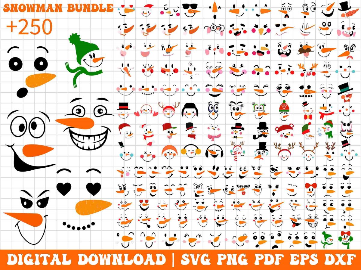 Big Snowman Faces Bundle SVG PNG Christmas Clipart Collection