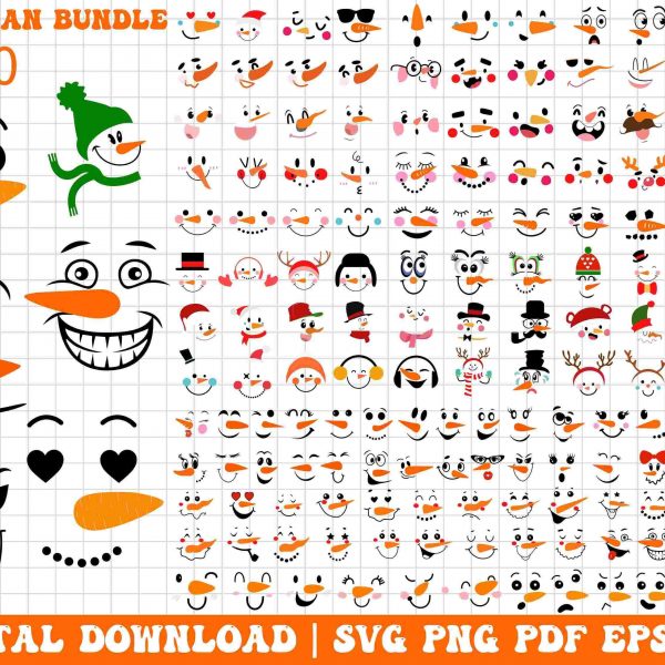 Big Snowman Faces Bundle SVG PNG Christmas Clipart Collection