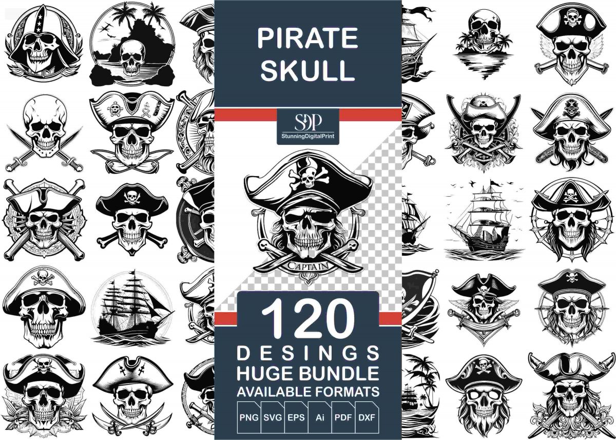 Bundle of 120 Pirate Skull SVG PNG Cut Files Silhouettes Clipart Maps