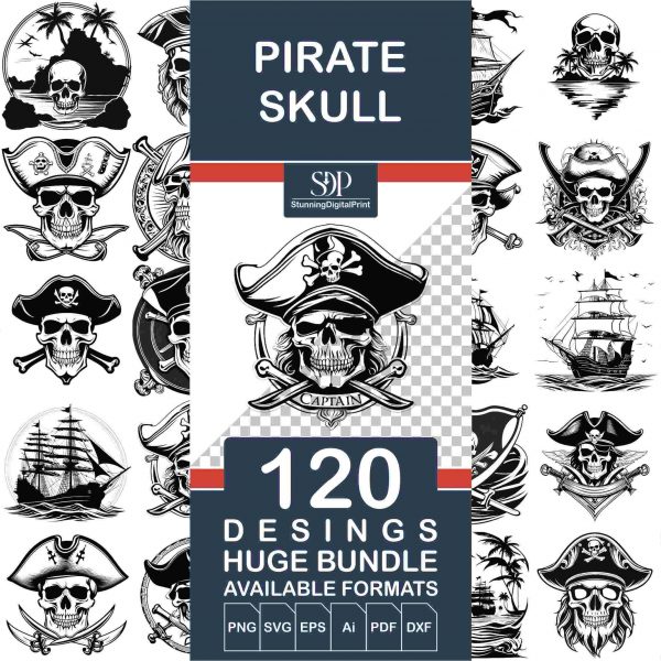 Bundle of 120 Pirate Skull SVG PNG Cut Files Silhouettes Clipart Maps