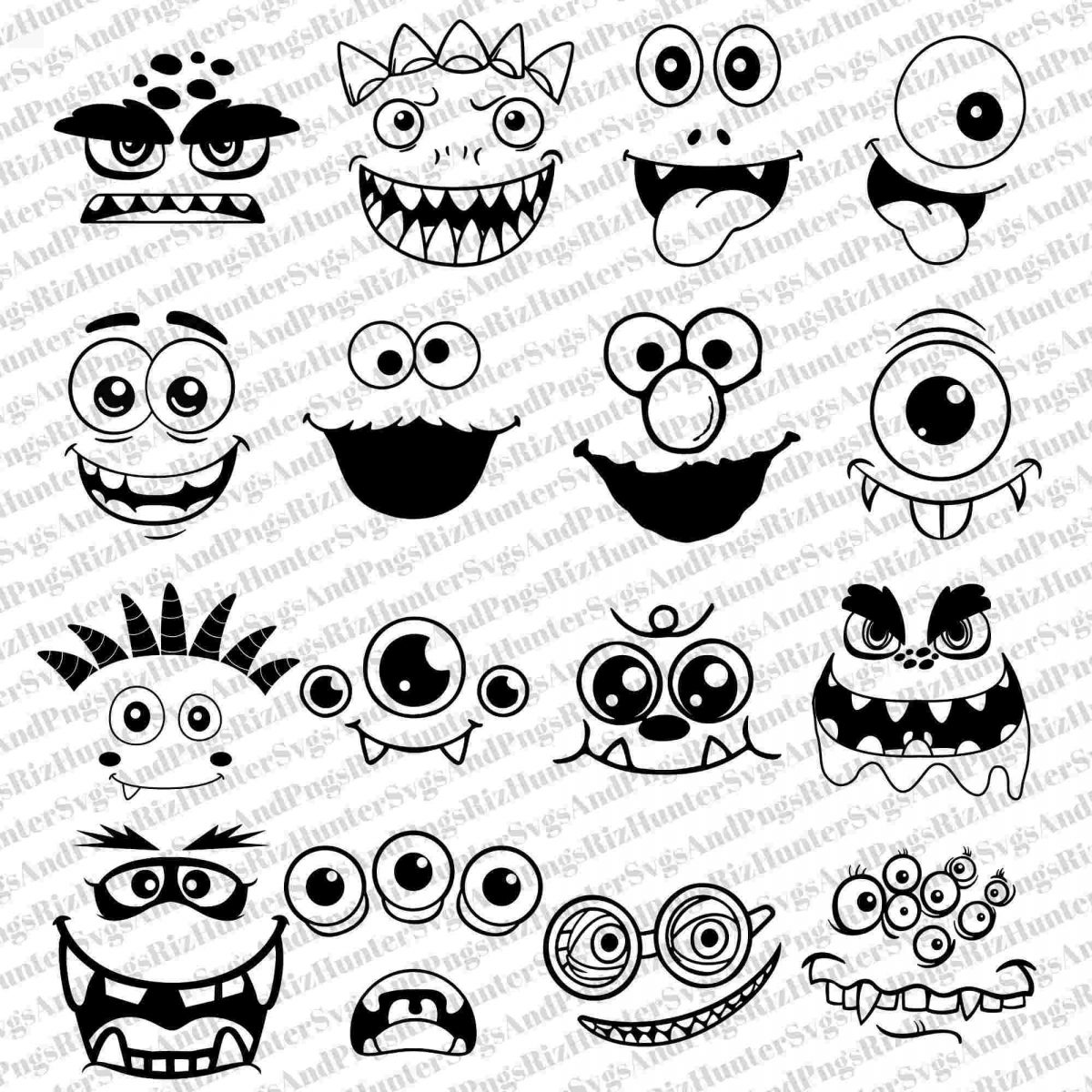 Bundle of 16 Cute Monster Faces SVG PNG for Cricut Crafting