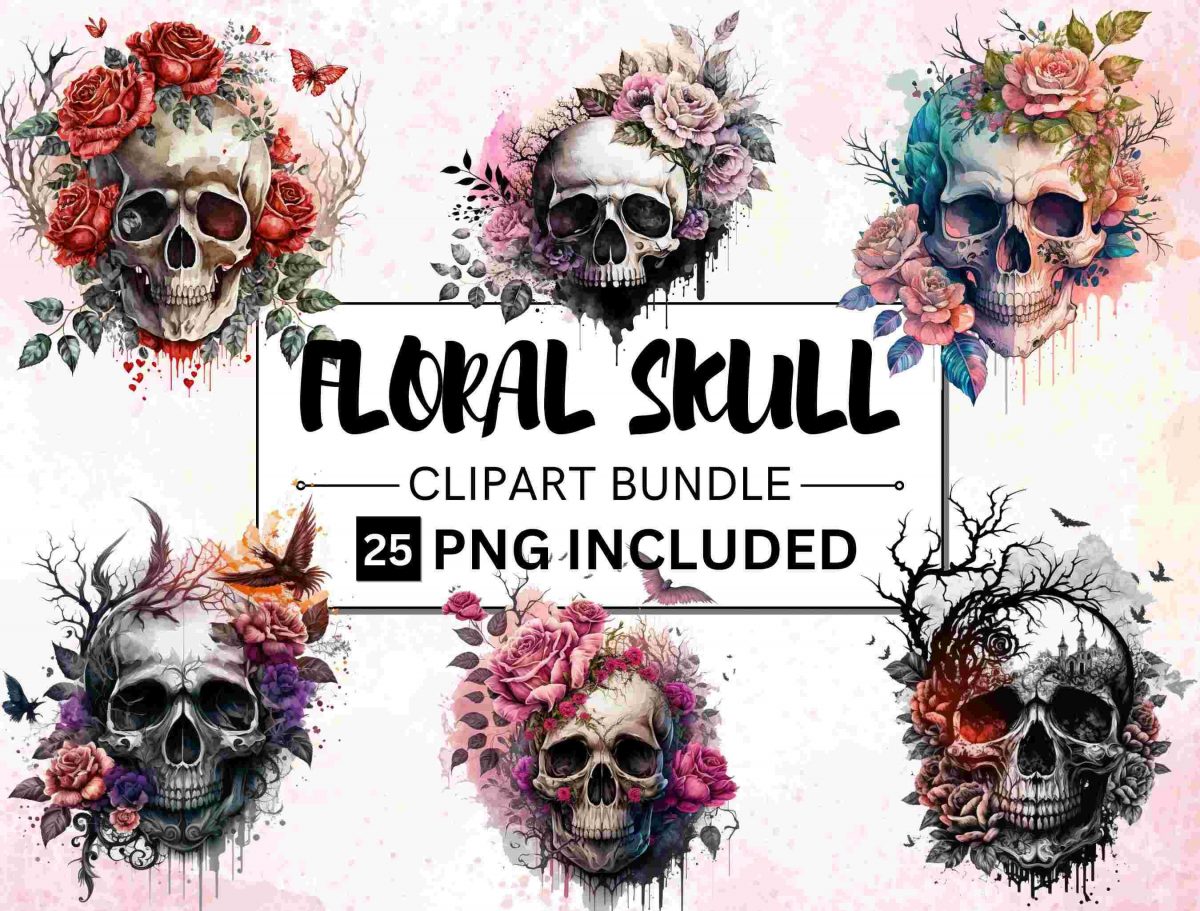 Bundle of 25 Watercolor Floral Skull Clipart Gothic Fantasy Clip