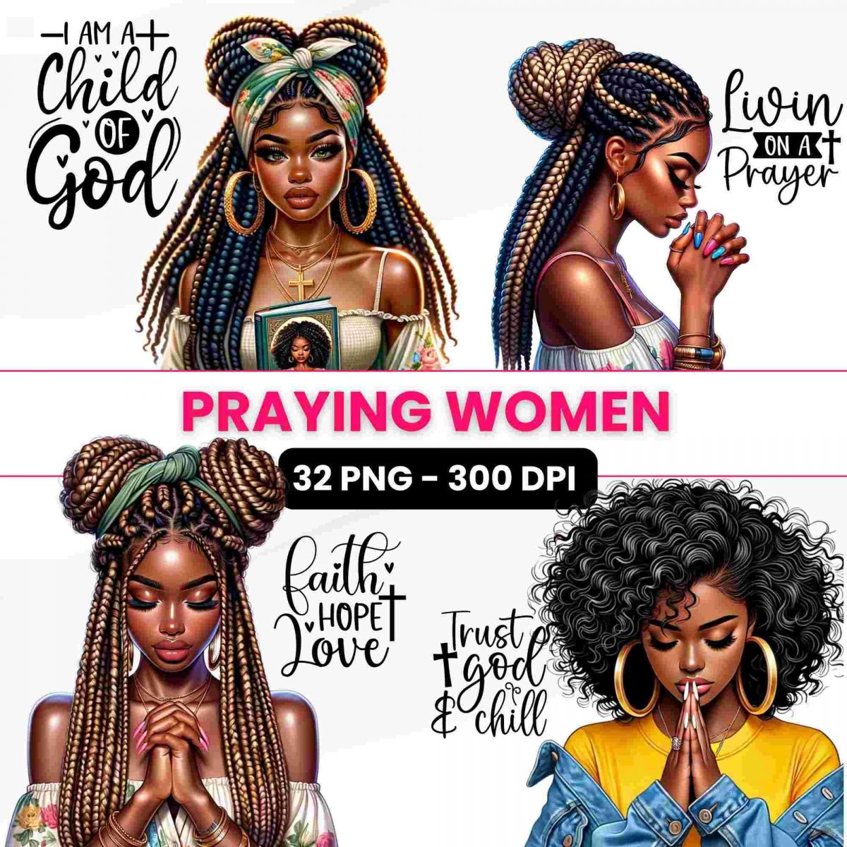 Bundle of 32 Praying Black Girl Clipart African American Women Faith