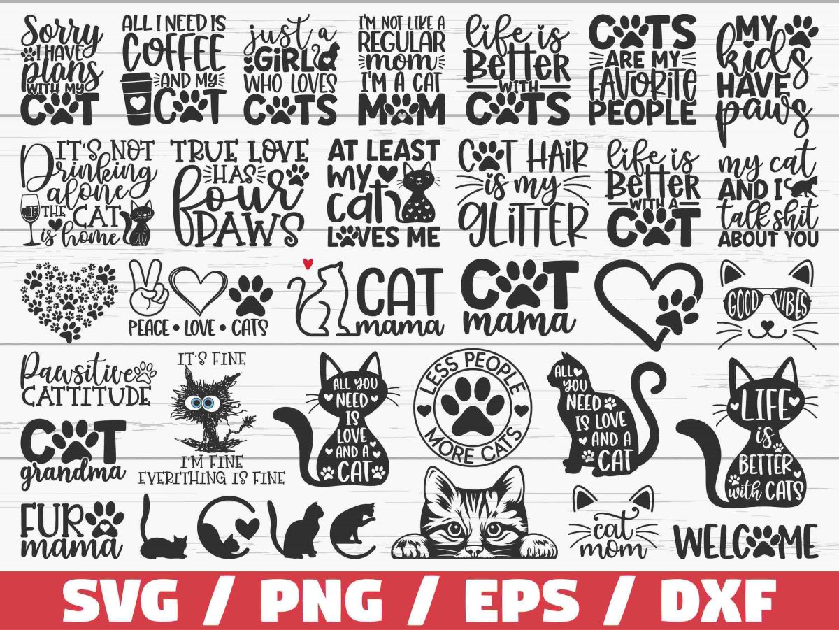 Bundle of 33 Cat Mom SVGs Cut Files Clip Art Funny Quotes for