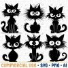 Bundle of 6 Cartoon Cat SVGs Silhouettes PNGs Vectors for Commercial