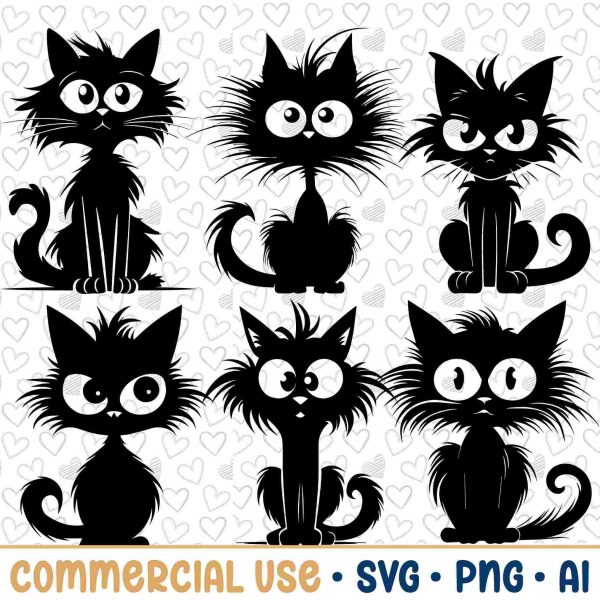 Bundle of 6 Cartoon Cat SVGs Silhouettes PNGs Vectors for Commercial