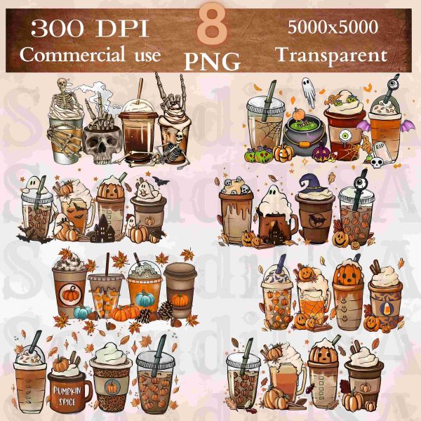 Bundle of Coffee Cups PNG Sublimation Designs for Digital Halloween