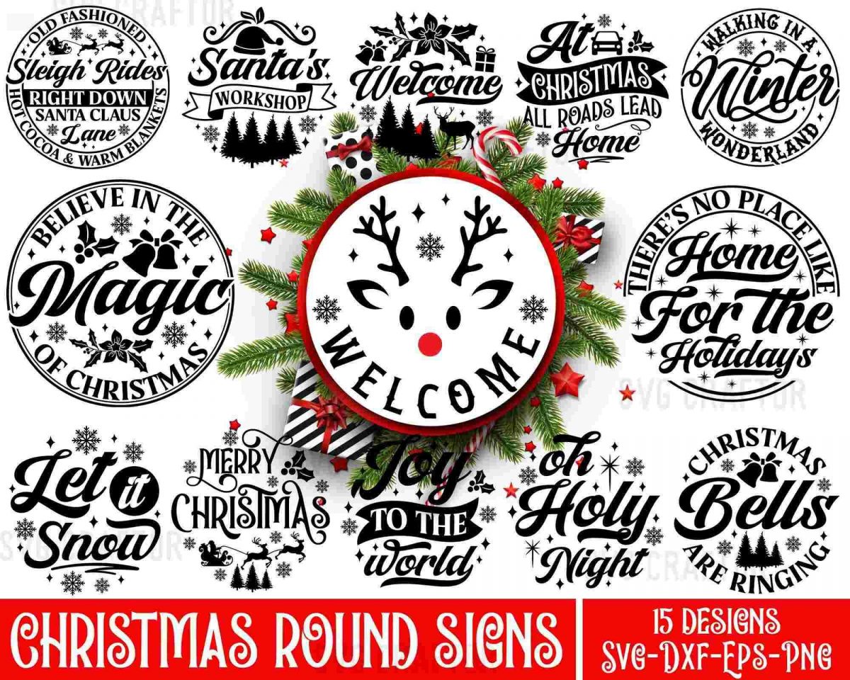 Bundle of Festive Christmas Round Signs SVG Merry Christmas Welcome