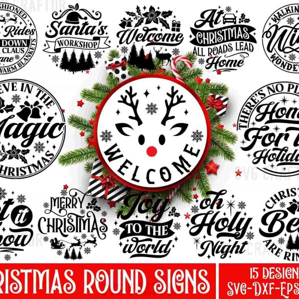 Bundle of Festive Christmas Round Signs SVG Merry Christmas Welcome