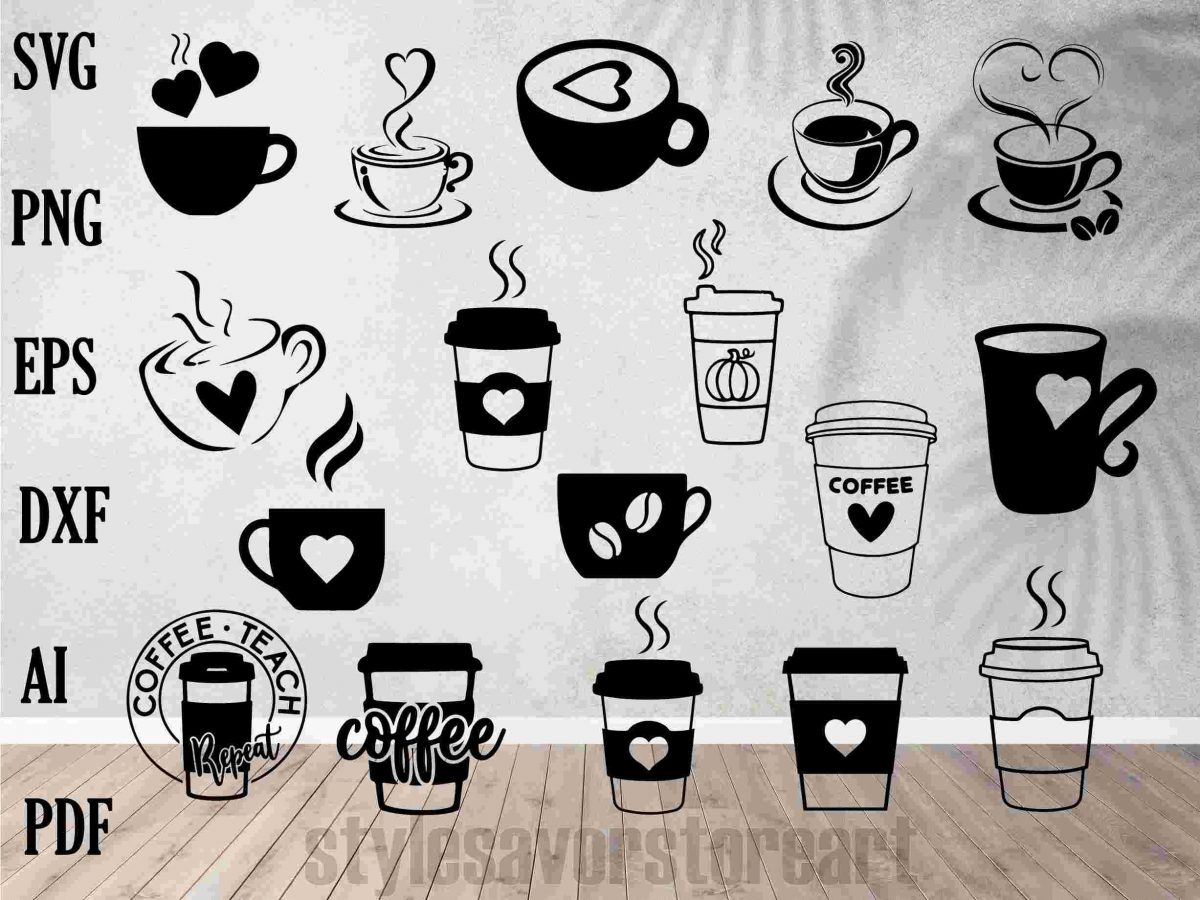 Caffeine Collection Coffee Tea Cup SVGs Vector Silhouette Print