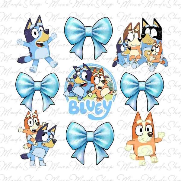 Charming Blue Dog Cartoon Character Png with Coquette Bows and Blue