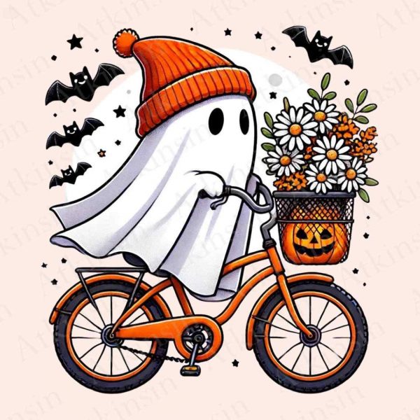 Charming Ghost Riding Bike SVG Retro Flower PNG Coquette Halloween