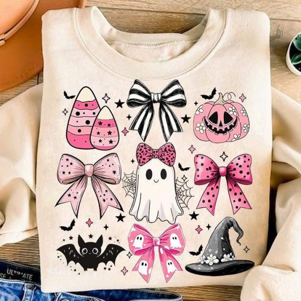 Charming Halloween PNG Pink Ghost Pumpkin Candy Corn Bat Retro Witch