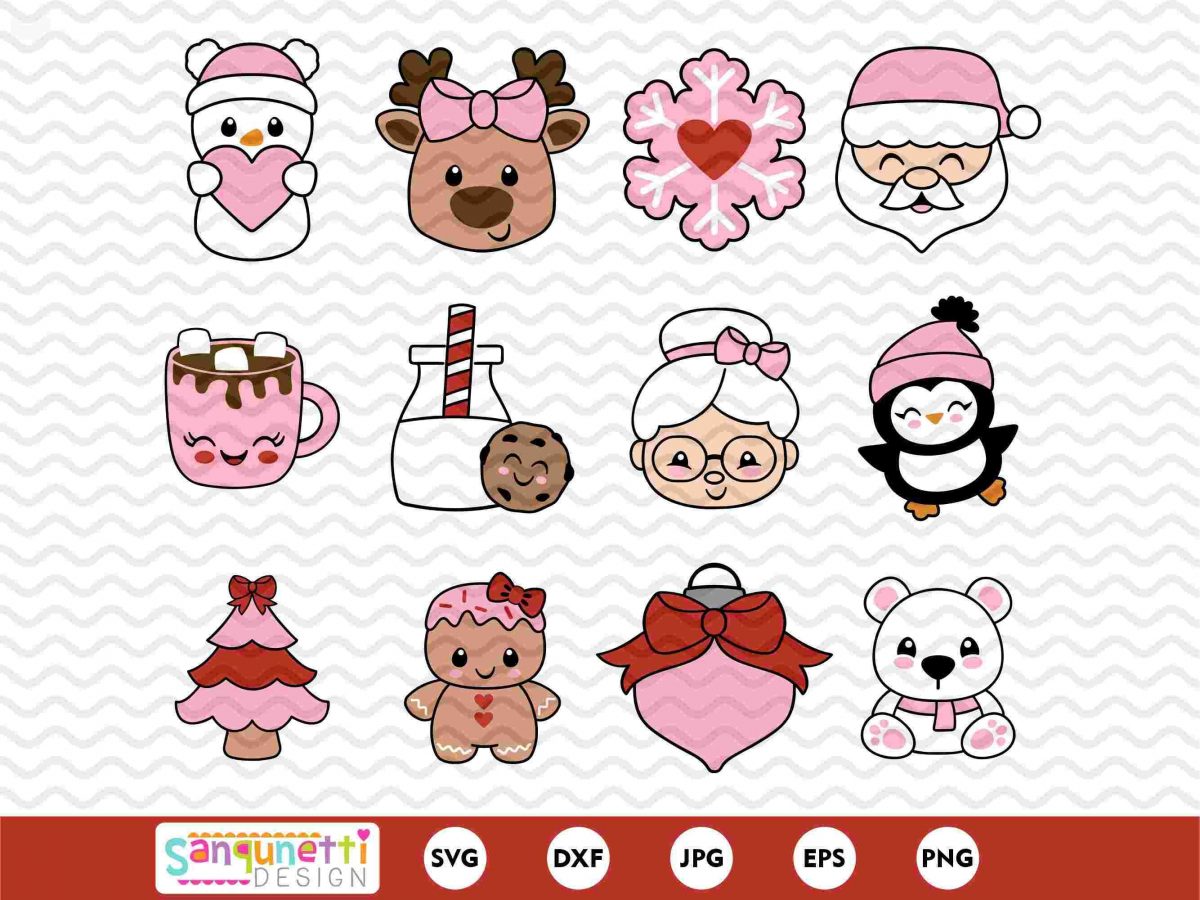 Charming Pink Christmas SVG clipart pack Cute holiday characters