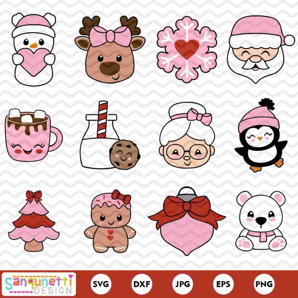 Charming Pink Christmas SVG clipart pack Cute holiday characters