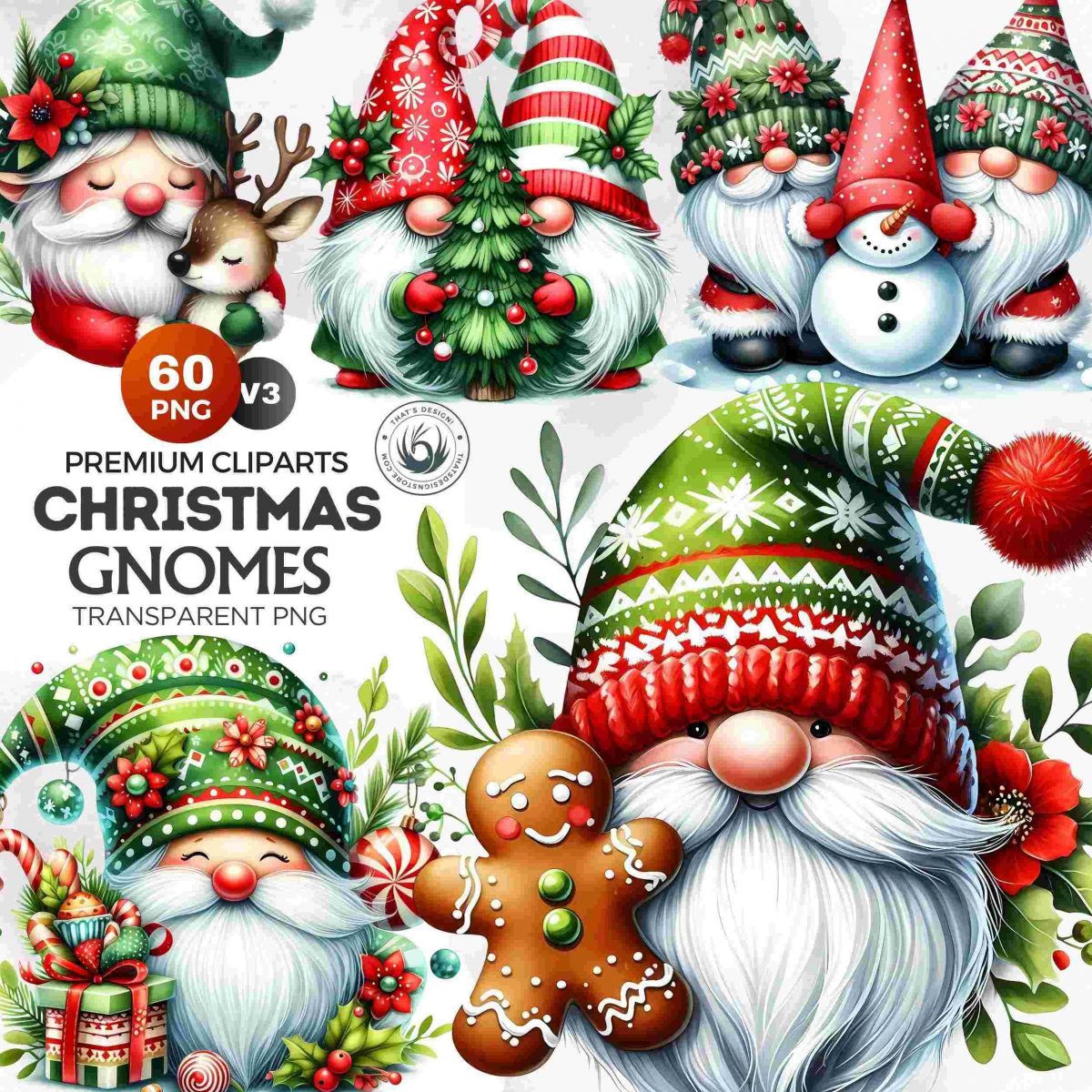 Charming Watercolor Christmas Gnomes Clipart Set with Traditional PNG