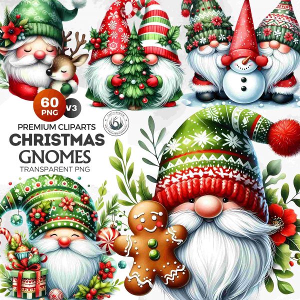 Charming Watercolor Christmas Gnomes Clipart Set with Traditional PNG