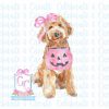 Charming Watercolor Halloween Dog with Pink Bow and Candy Bucket PNG