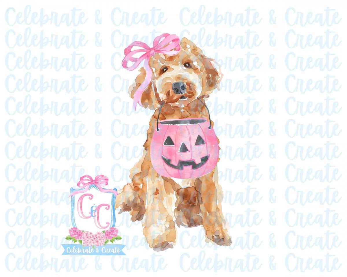 Charming Watercolor Halloween Dog with Pink Bow and Candy Bucket PNG