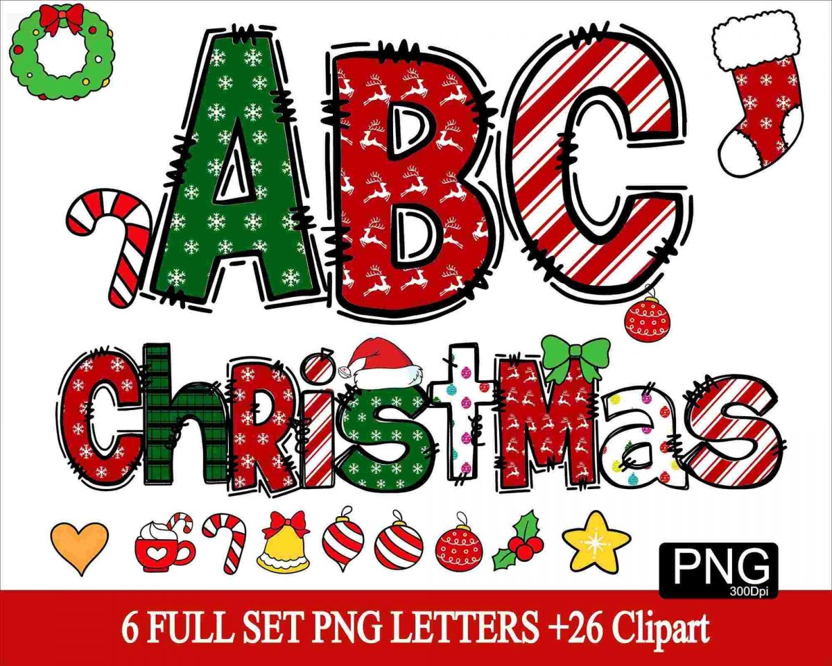 Cheerful Christmas Alphabet Clipart Santa Font Numbers in PNG