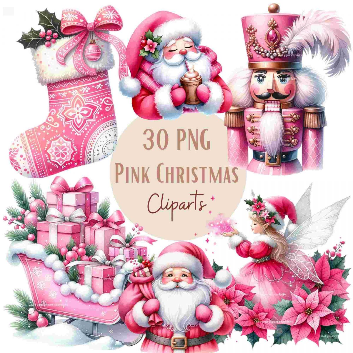 Cheerful Christmas Clipart Bundle Pink Snowman Santa Claus PNG