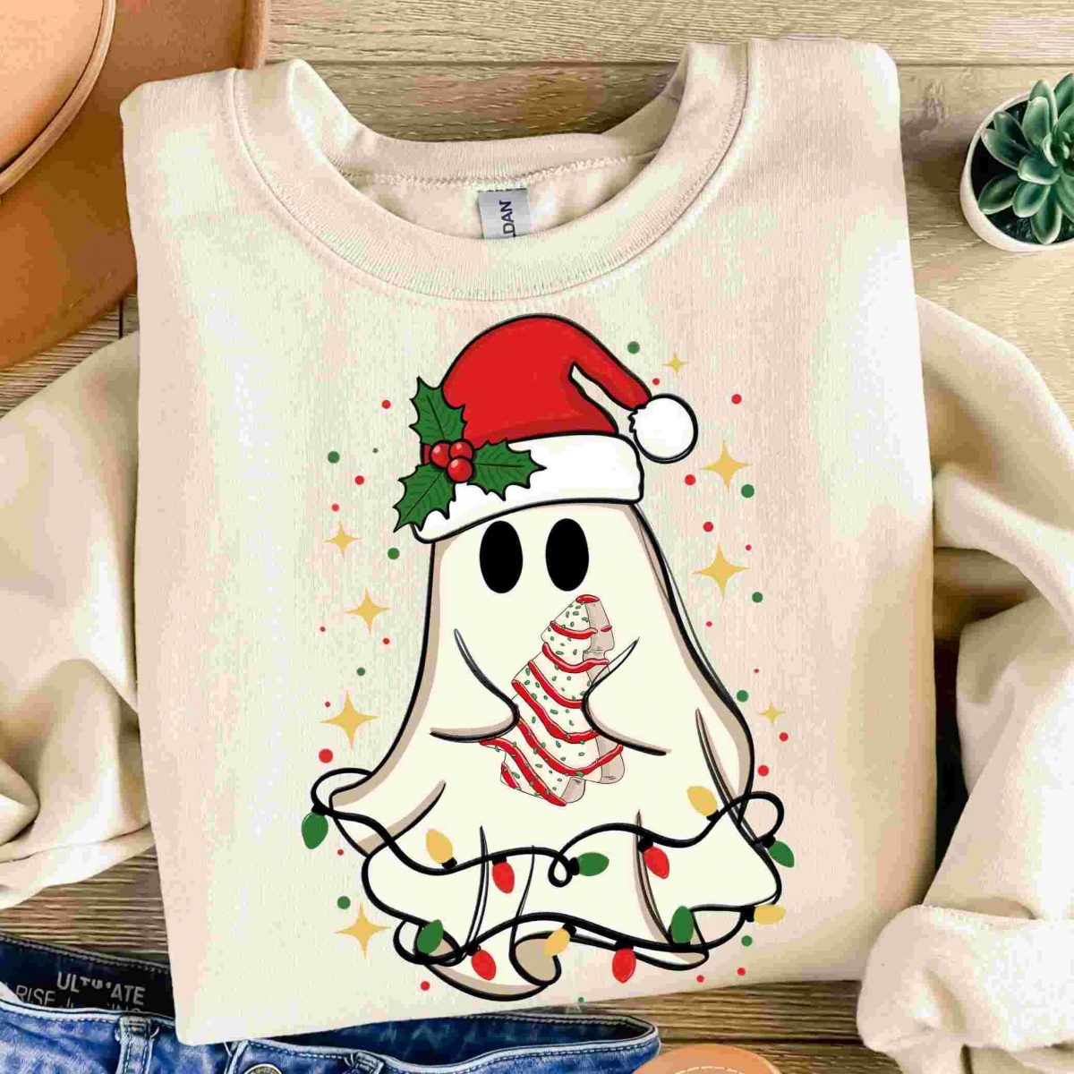 Cheerful Christmas Ghost Tree Cake PNG Sublimation Designs Merry