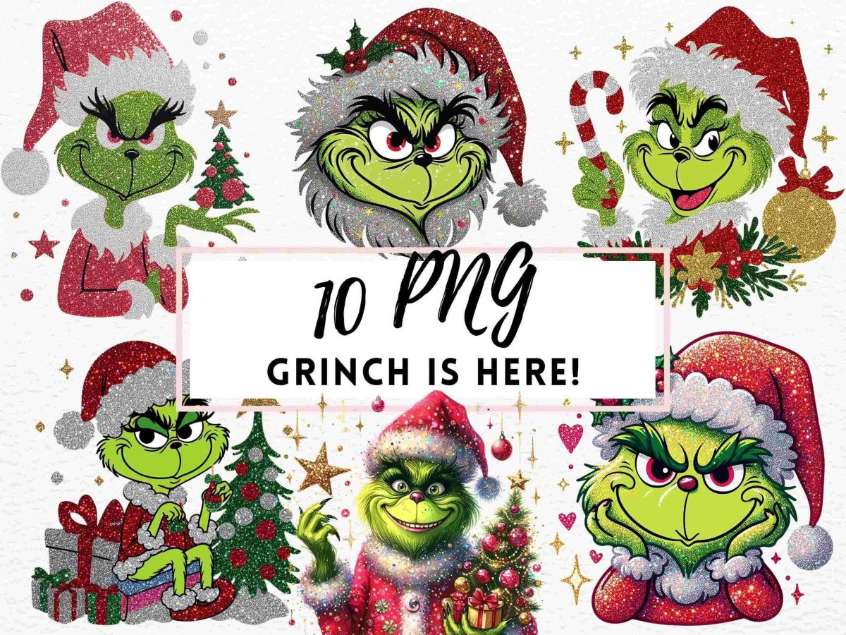 Cheerful Grinch Santa PNG Sparkly Christmas Shirt Design Festive