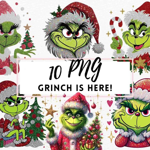 Cheerful Grinch Santa PNG Sparkly Christmas Shirt Design Festive