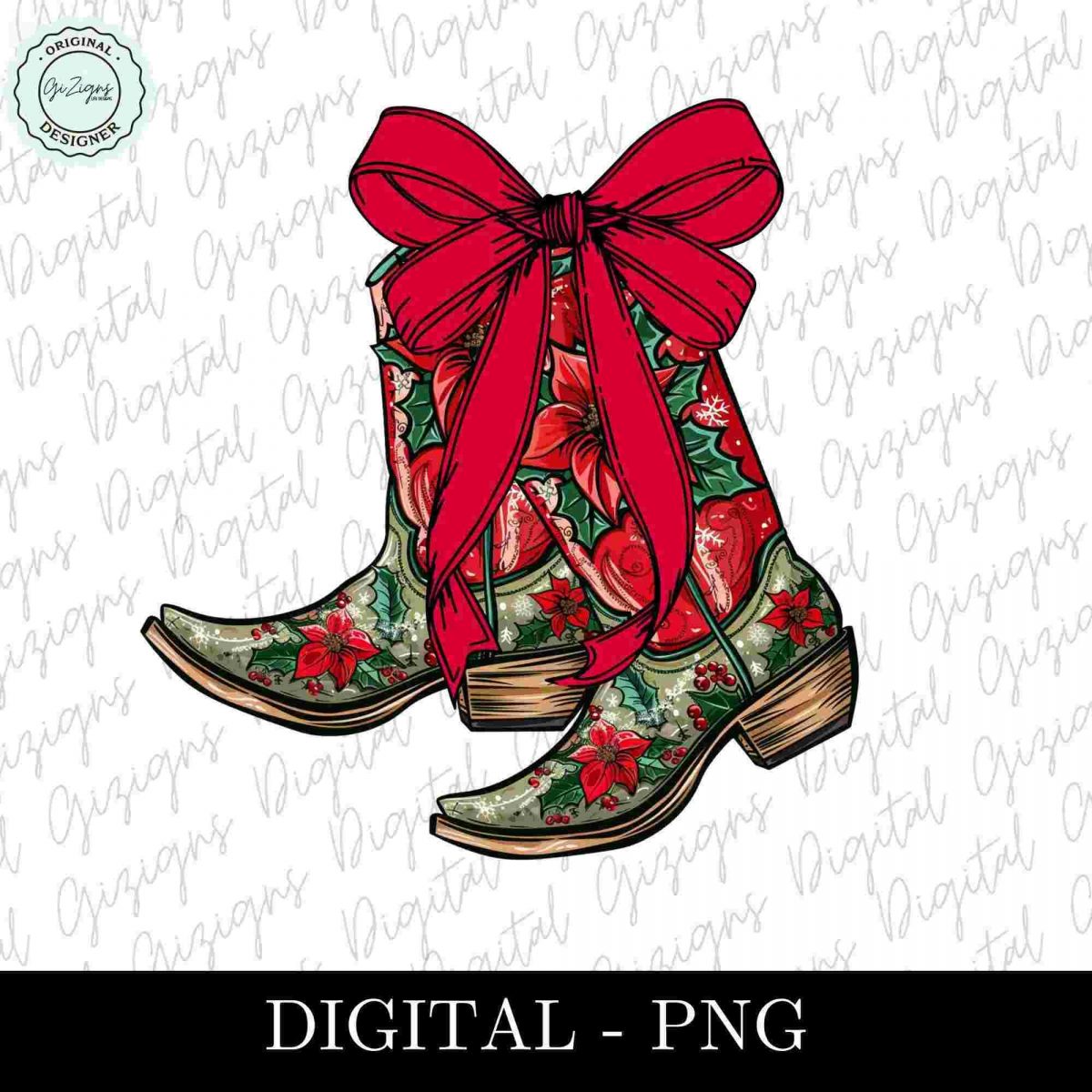 Chic Christmas Cowgirl PNG Clipart with Festive Floral Boots Bow