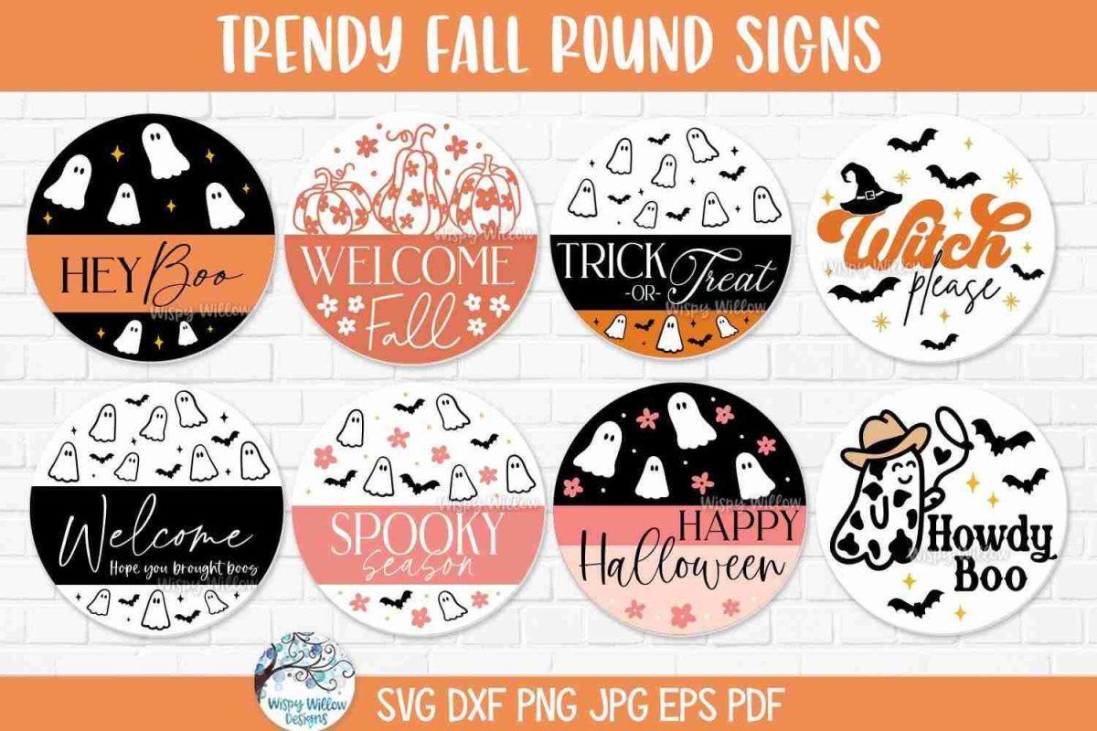 Chic Halloween Welcome SVG Bundle Round Fall Signs Floral Pumpkin