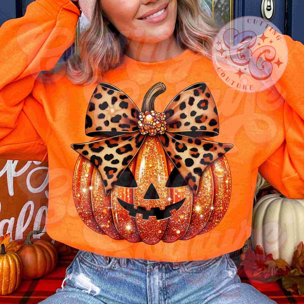 Chic Leopard Pumpkin Bow SVG Glittery Pumpkin PNG Autumn Tee Design