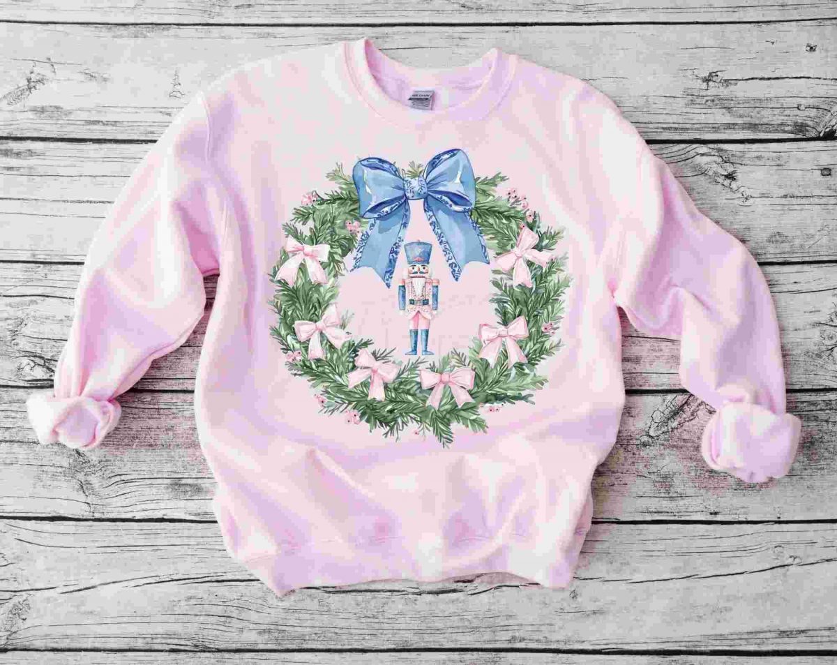 Chic Nutcracker Wreath Christmas Toile Bow Blue Pink SVG