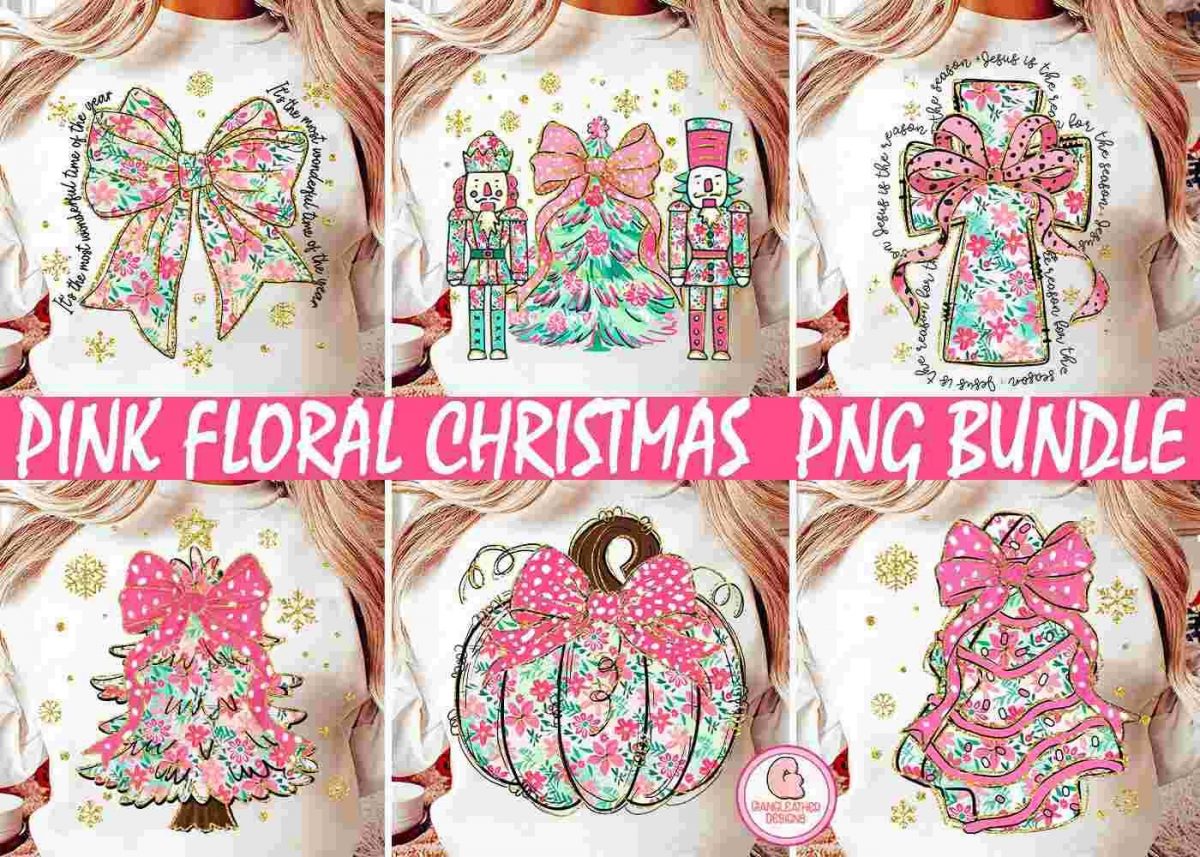 Chic Pink Green Christmas SVG Bundle Floral Coquette Brushstroke