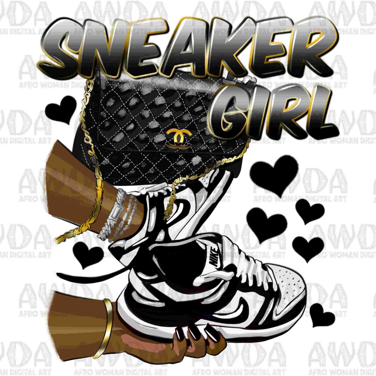 Chic Sneaker Girl Black White Gold PNG Sublimation Design Download