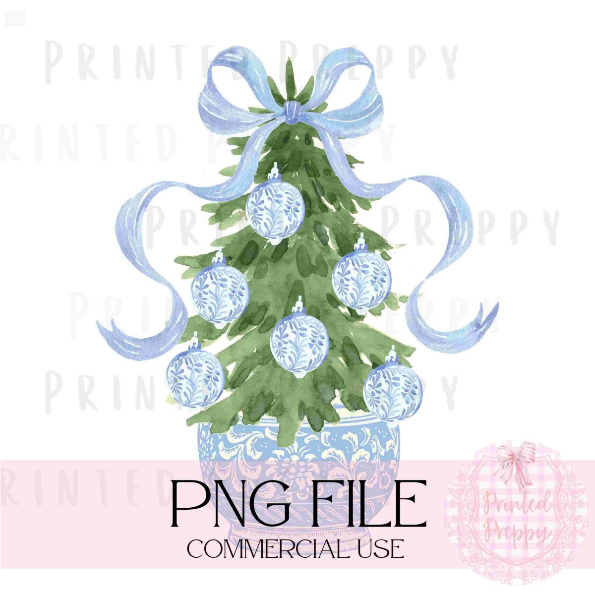 Chinoiserie Christmas Tree with Blue Bow PNG //Pink Christmas PNG // Chinoiserie Christmas // Grandmillenial Christmas // Southern Christmas