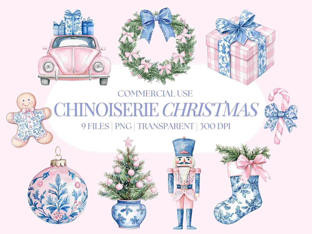 Chinoiserie Xmas Clipart Toile Grandmillenial Holiday PNGs