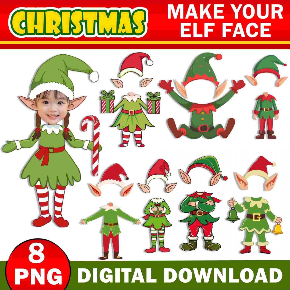 Christmas Add Your Own Photo Face, DIY Elf Yourself PNG Bundle, Elf Face Blank, Christmas Craft for Kids, Xmas Bulletin Board Class Decor