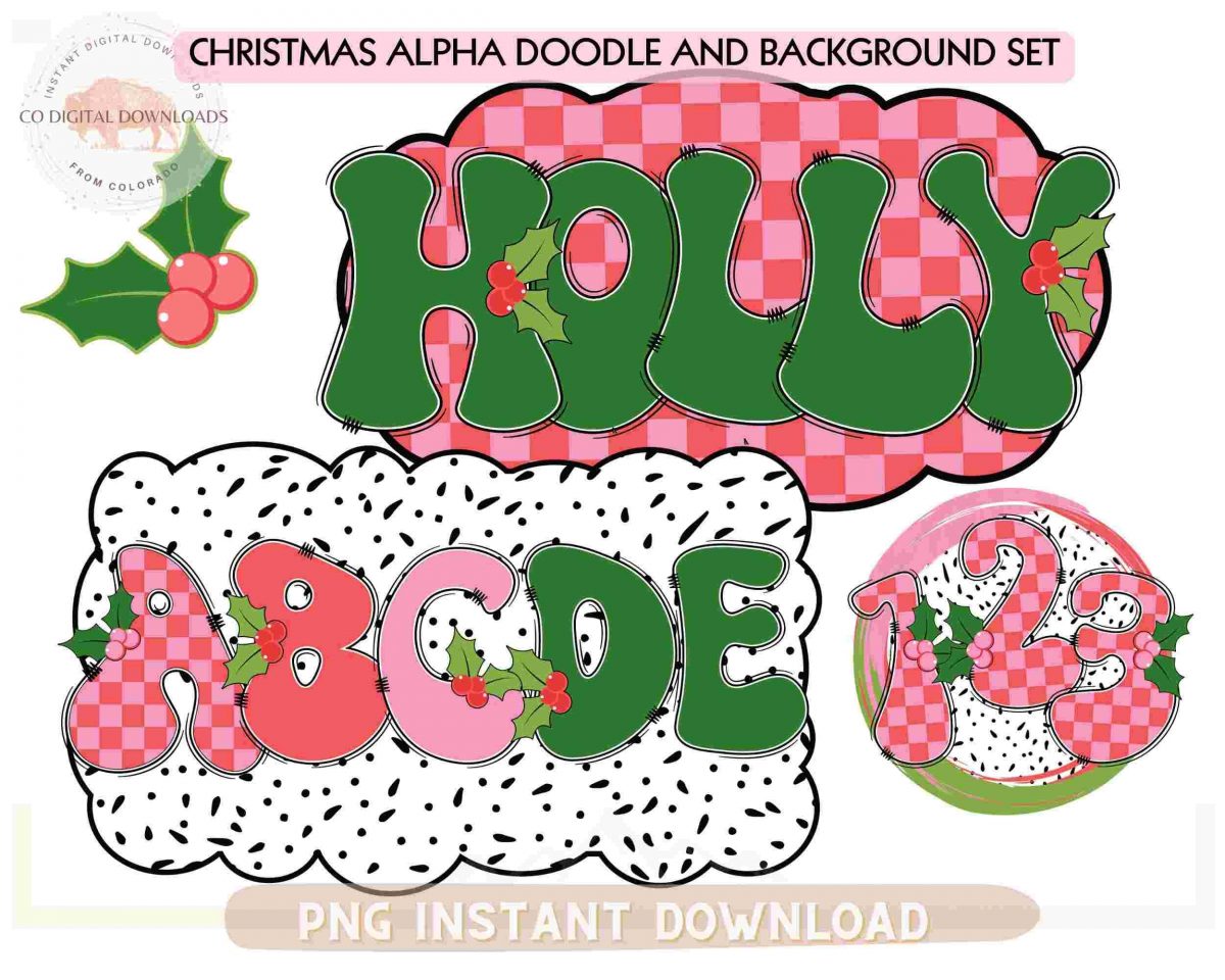 Christmas Alphabet PNG Christmas Letters PNG Bundle, Pink Holiday Color Palette, 5 Alpha Sets Dalmatian Dot background, Marquee Doodle