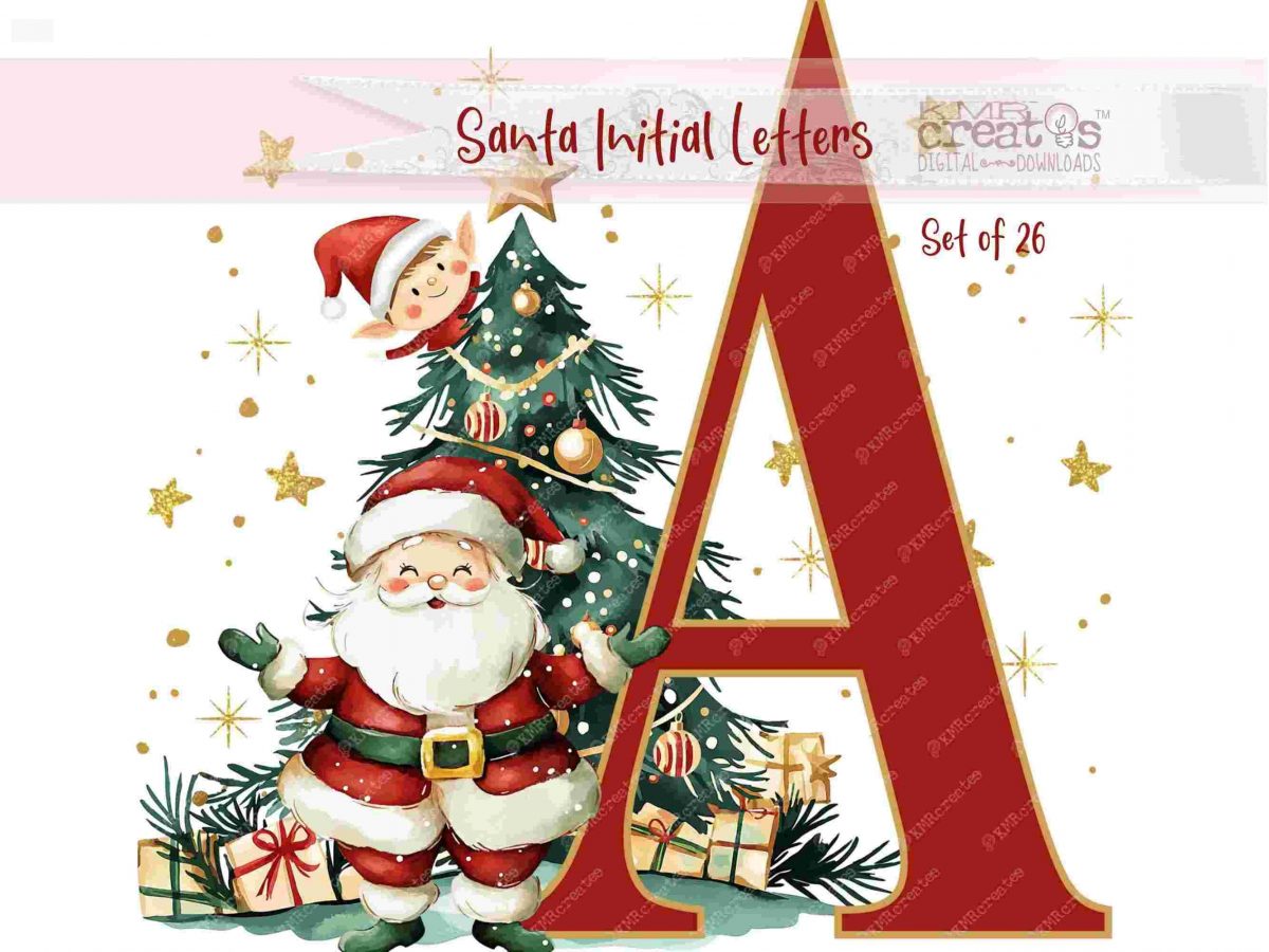 Christmas Alphabet Santa Initial Letter, sublimation mug png, kids Christmas craft, alphabet clipart png, Christmas tree elf, watercolor