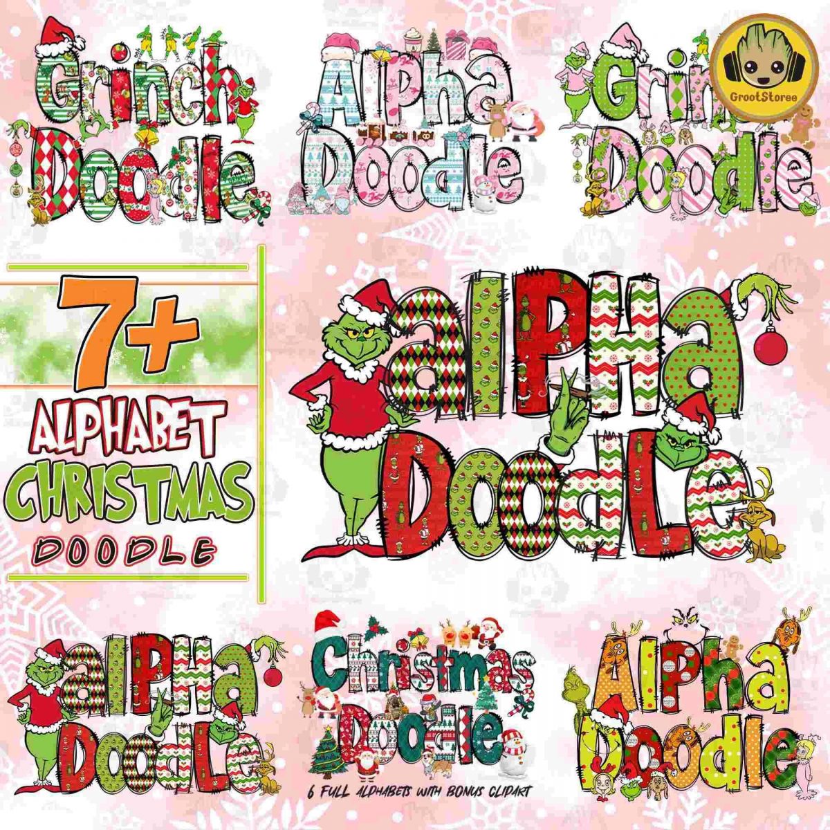 Christmas Character Alphabet Bundle 7 Festive Alpha Doodle PNGs for