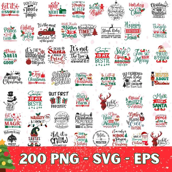 Christmas Design Bundle 200 Merry SVG PNG EPS for Cricut Quotes