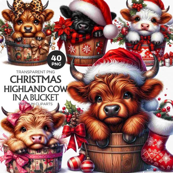 Christmas Highland Cows SVG Clipart Set 40 Funny Designs for Cards